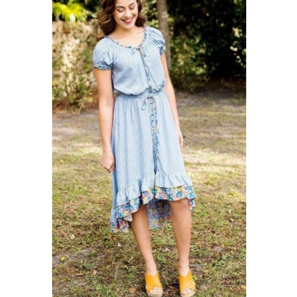 Matilda Jane Come Away With Me Off Shoulder Hi-Low Striped Dress Sz. XS